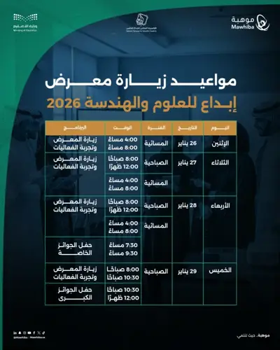 مواعيد زيارة معرض إبداع للعلوم والهندسة لعام 2026